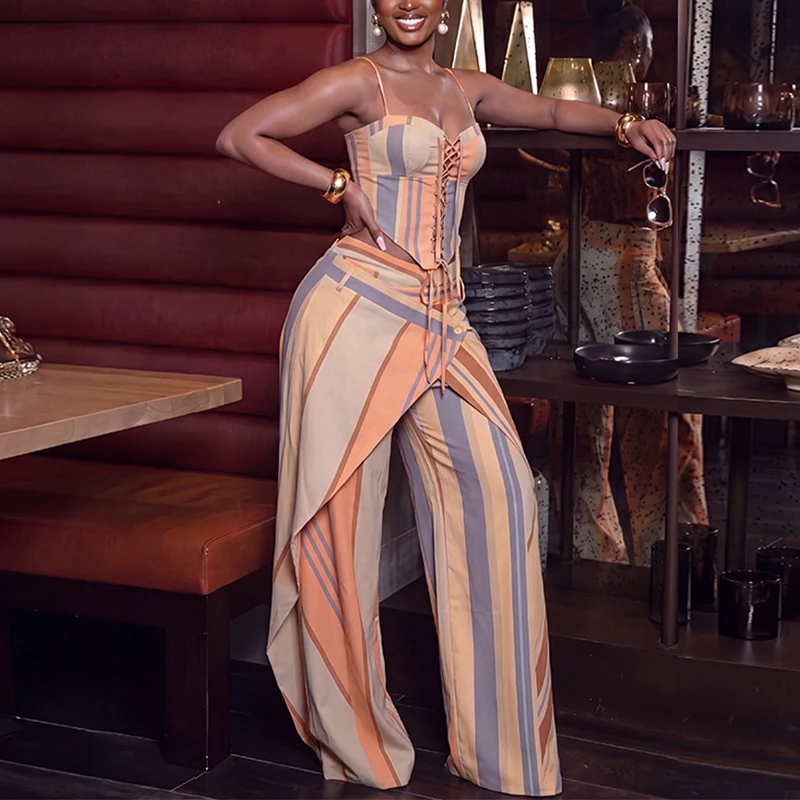 New Fashion Women Two Piece Set Spaghetti Strap Lace Up Crop Vest Top And Wide Leg Pants Set Streetwear