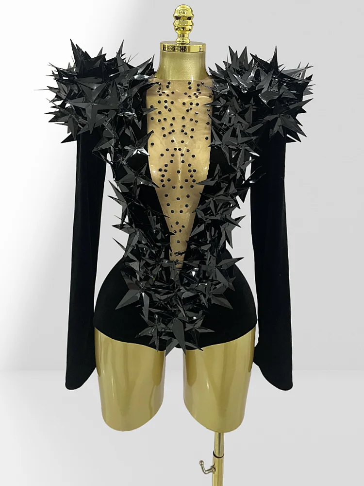 

Сексуальное сетчатое прозрачное черное бархатное боди с блестящими звездами и длинными рукавами, модное женское вечернее платье, костюм для выступлений на олень