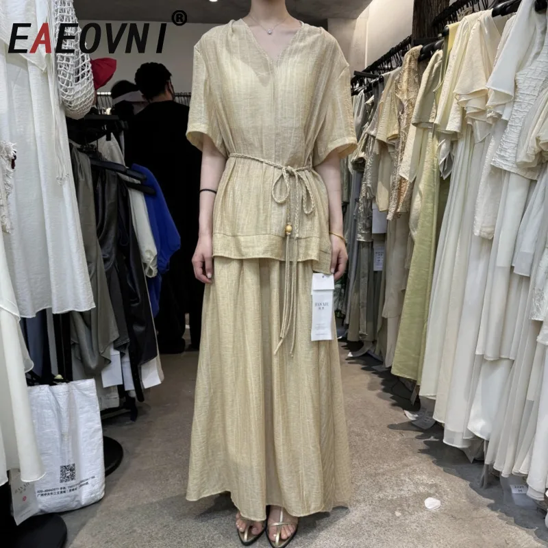 

EAEOVNI Women Solid Color Two Piece Set Fashion Short Sleeve Lace-up V Neck Blouse + A Line Long Skirt Elegant 2025 New Clothing