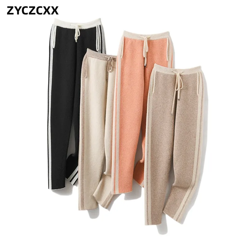 High Quality 100% Merino Wool Women's Small Foot Pants Autumn/Winter Thickened Warm Knit High-waisted Pants Women's Striped Pant