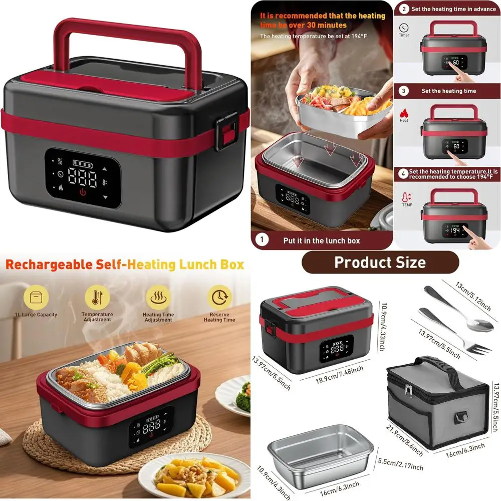 

Portable 1L Cordless Electric Lunch Box, Rechargeable Stainless Steel Food Warmer for Outdoor & Office Use