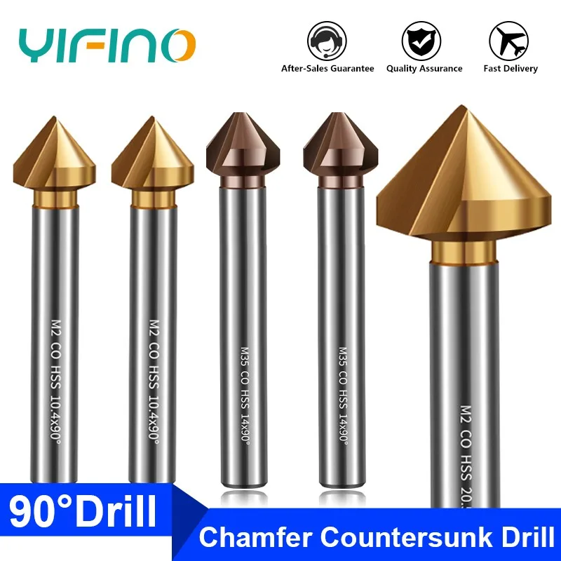 YIFINO 3-Flute M35 Cobalt Containing 90 Degree Angle  Chamfer Countersunk Drill Bit Stainless Steel Machining Special Chamferer