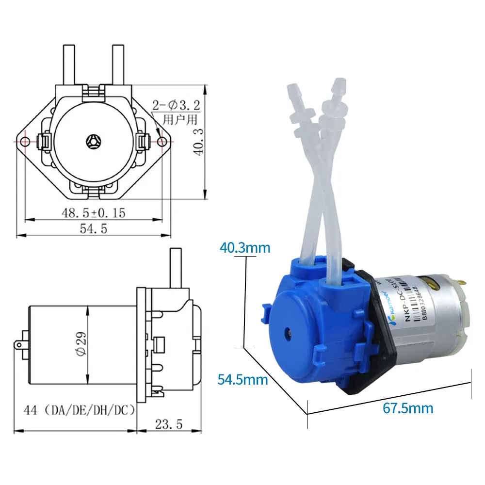 Bomba Peristáltica Kamoer NKP de 47-60 ml/min, 12 V, Tubo de Silicona de 3*5 mm, 3 Rotores, Color Azul, Placa Recta, Bomba Dosificadora