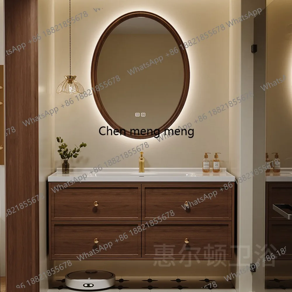 

Mid-style oak solid wood bathroom cabinet combination French ceramic integrated basin washbasin washbasin