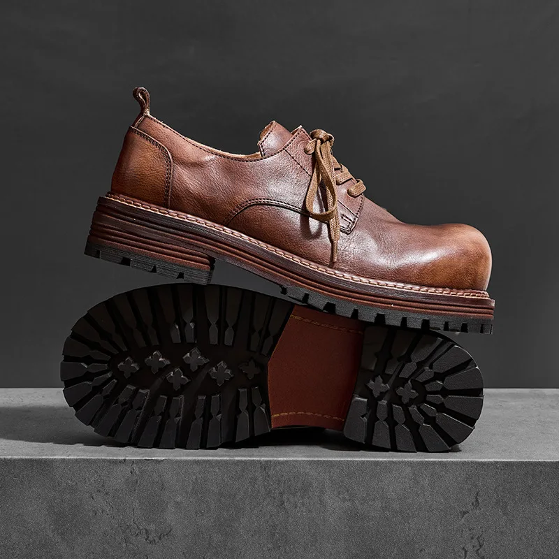 Men's Retro Chunky Round Toe Leather Business Shoes Lace-Up Platform Height-Increasing Casual Sneakers Versatile Trendy Cowhide