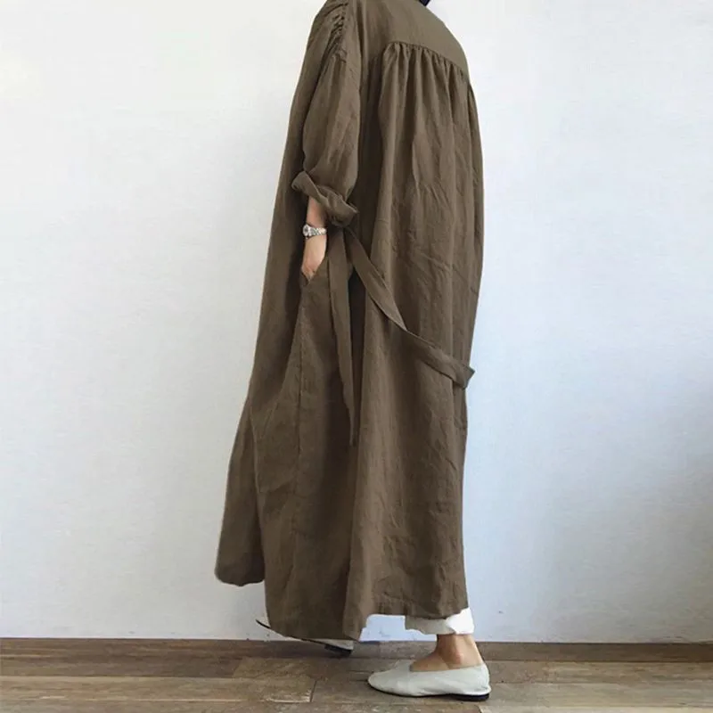 Fashion Women Long Sleeve Open Front Cotton Linen Coat Blouse Vintage Long Cardigan Autumn Solid Shirt Loose Tunic Top Lace Up