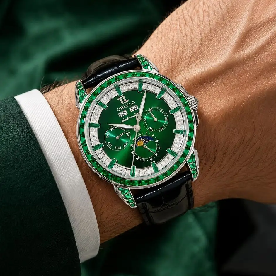 OBLVLO Men's automatic mechanical watch with a luminous multi-function dial (displaying year, month, day of the week, and date).