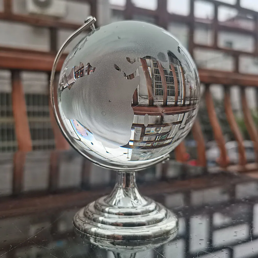 6/8cm Round Earth Globe World Map Crystal Glass Clear Ball Sphere Figurine With Metal Holder Home Decor Office Desktop Ornament