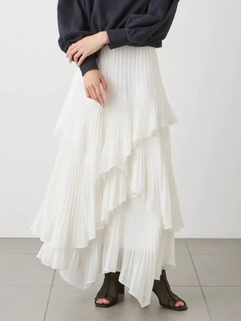 Sweet Cascading Pleated Ruffles Cake Skirts Women High Waist Slim A-line White Midi Jupe 2024 Spring Summer Japan Chic Faldas