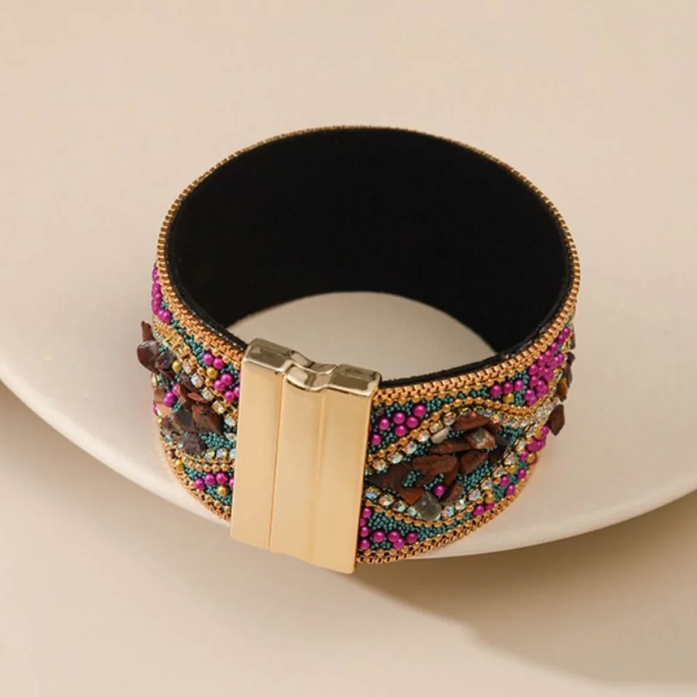 Ethnic Style Magnetic Clasp Bracelet Retro Bohemian Rhinestone Women's Bracelet Magnetic Closure Acrylic Beads