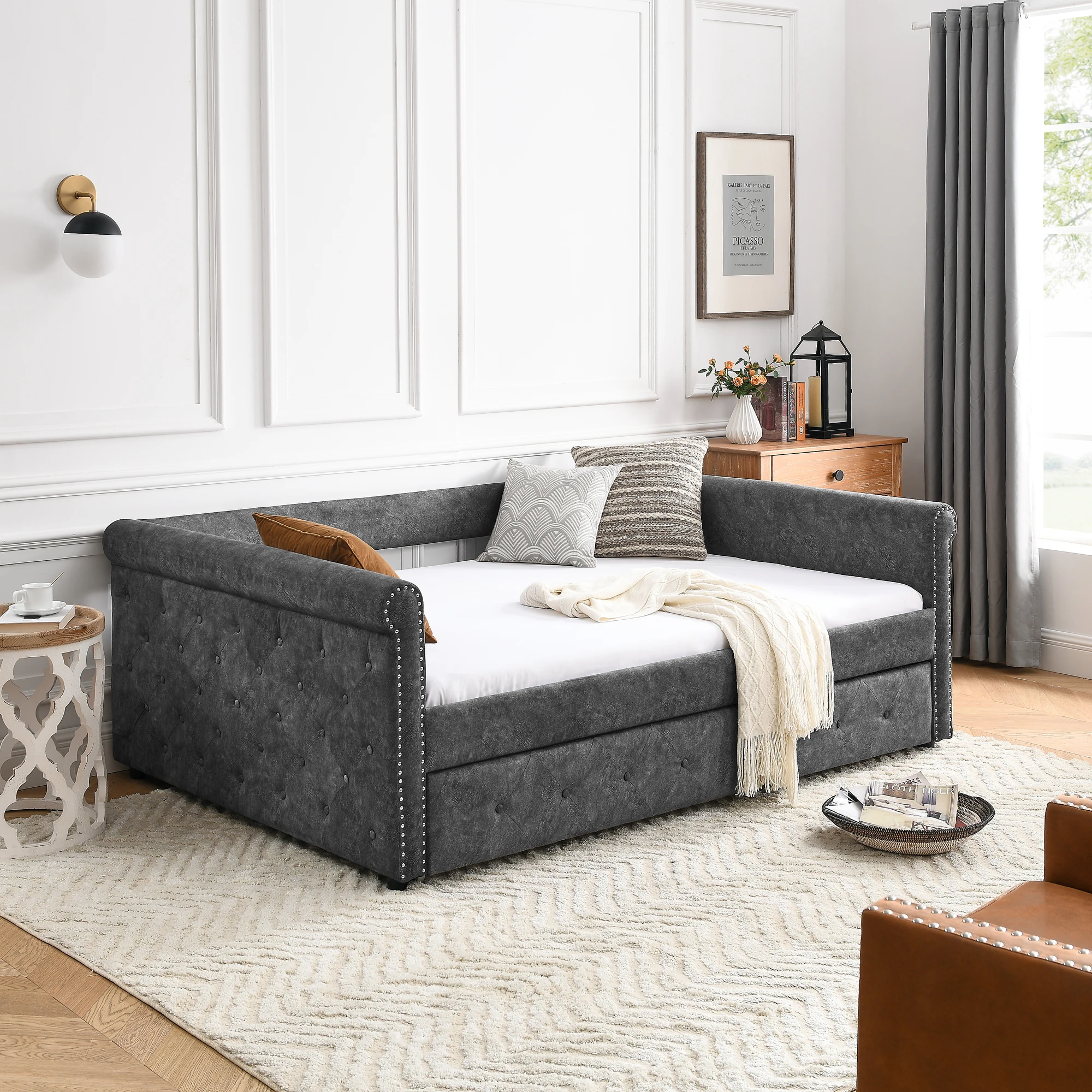 Daybed with Trundle, Upholstered Tufted Sofa Bed with Button and Copper Nail Detailing on Arms, Twin Size, Grey