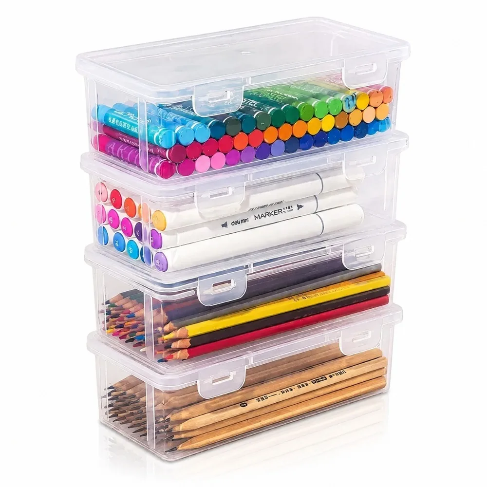 4Pcs Clear Plastic Storage Box With Lid Desktop Organizer Pencil Case Craft Tool Kitchen Accessories Room Home Decor Container