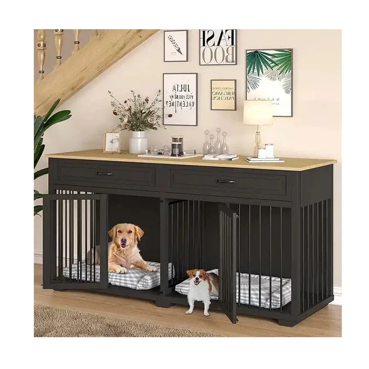 

Multi-Functional Wooden Dog house with 2 Drawers Outdoor Kennel with 2 Rooms Removable cage for small Pets Cats