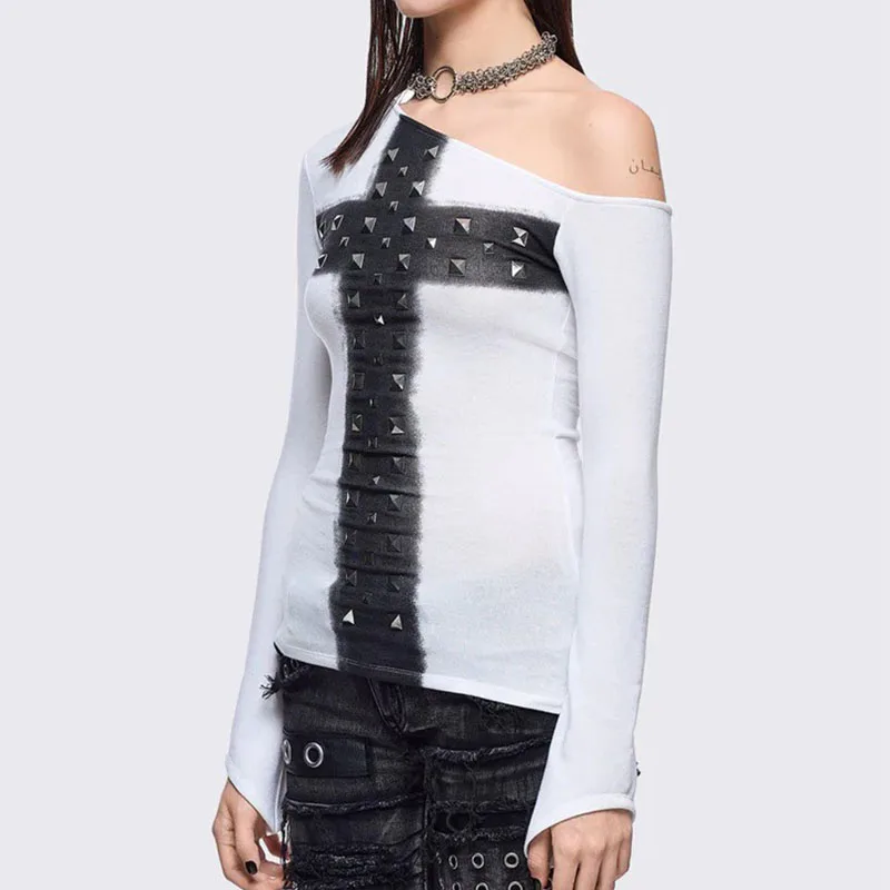 Retro Early Spring New Personalized Cross Rhinestone Long-Sleeved T-shirt Basic Pullover Diagonal Collar Slim Top for Women