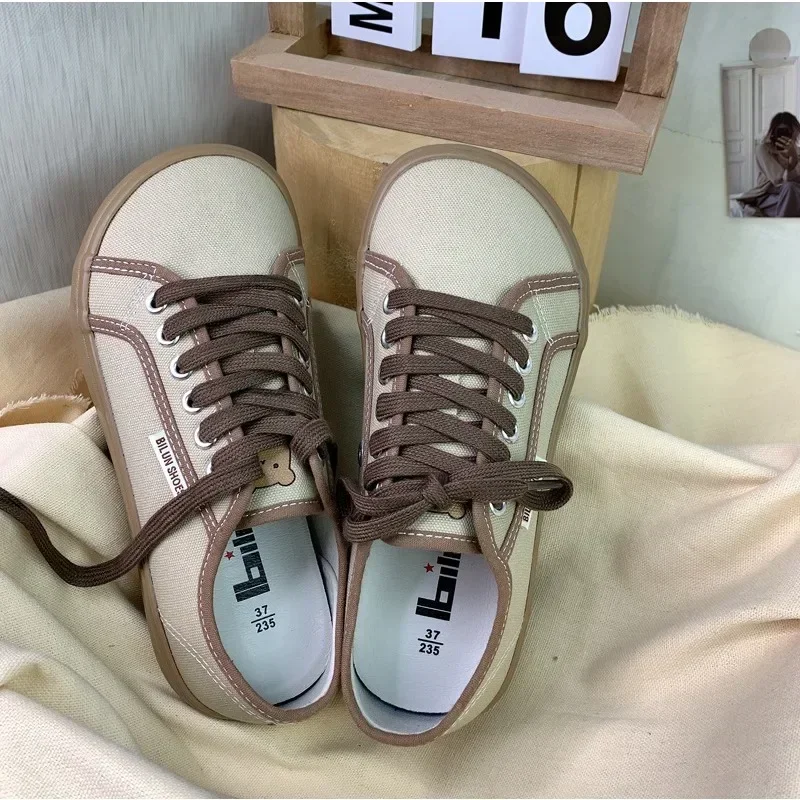 2024Trend Desianer Canvas Shoes forWomen Round Toe Low Top Sneakers Wide Toe LaceUp Trainers Shoe Brand Female Tenis Plimsolls