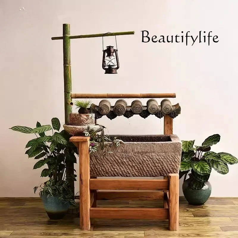 BJ Jiangnan Stone Tools, Running Water Wooden Frame, Stone Trough Ornament Combination, Fish Tank Balcony Water Feature