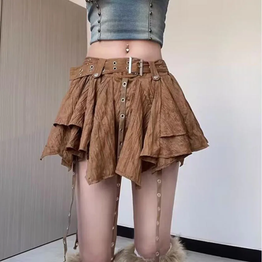 Women Crumpled Layer Mini Skirt with Belt Strap Elastic Back Asymmetrical Short Skirt Grunge e-Girl Y2K
