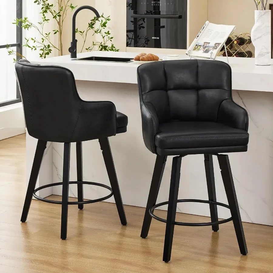 360°Swivel Counter Height Bar Stools with Back, 26 inch Solid Wood Legs, Bar Stool Modern Kitchen Island Chairs, Faux Leather