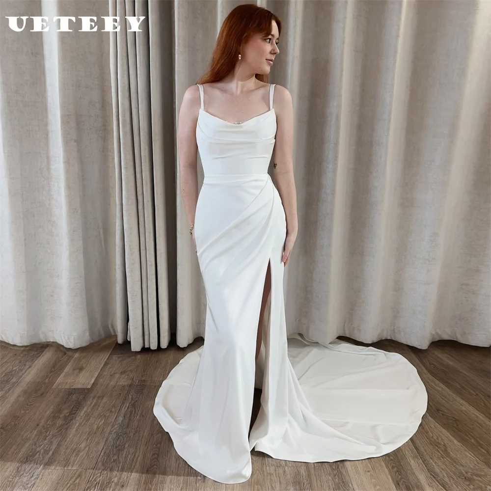 UETEEY Customized Simple Sleeveless Pleats V Neck Crepe Mermaid Wedding Dress High Slit Open Back Floor Court Train Bridal Gown