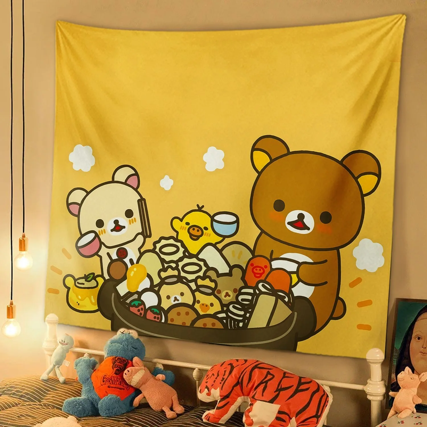 Cartoon Rilakkumas Printed Tapestry Kawaii Korilakkuma Background Wall Hanging Cloth Dorm Bedroom Home Wall Decorative Tapestry