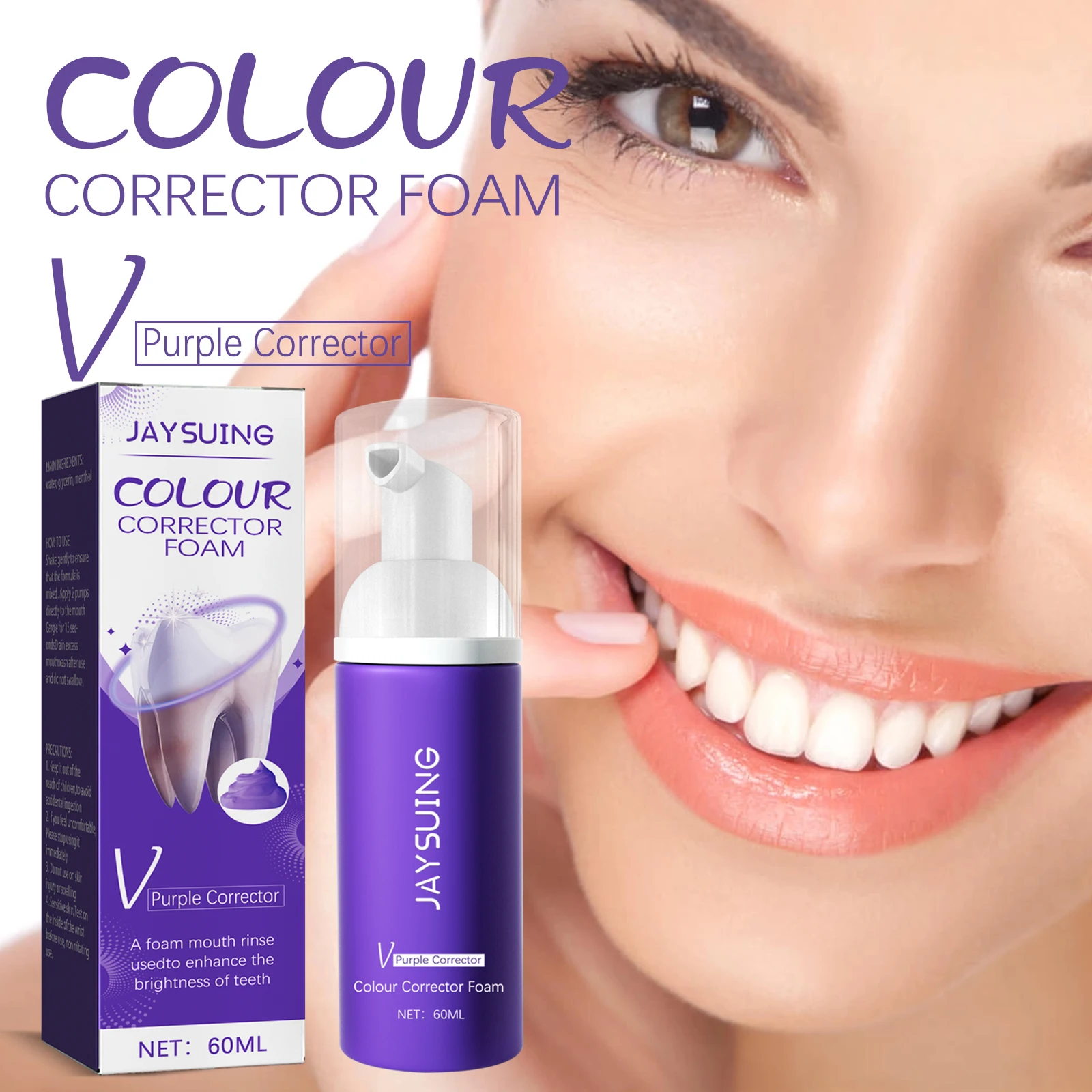 

JAYSUING Purple Colour Corrector Foam Cleans Teeth Protects Gums, Freshens Breath Oral Care Pump-Style Toothpaste