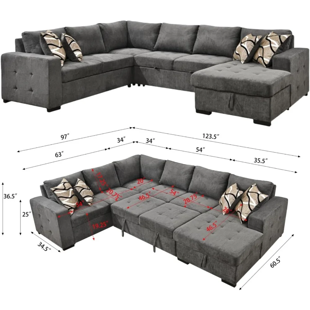 Sectional Sleeper Sofa Bed with Storage Chaise, U Shape Oversized Sectional Couch with Pull Out Bed for Living Room, 6 Seater