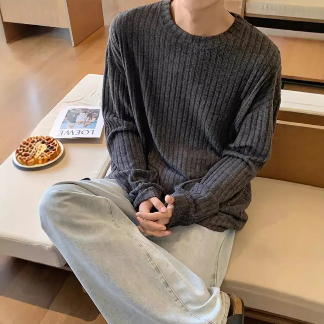 Men Light Grey O-neck Long Sleeve Striped Simple Basic Casual Daily Trendy Pullover Sweatshirts Male Spring Autumn Undershirts