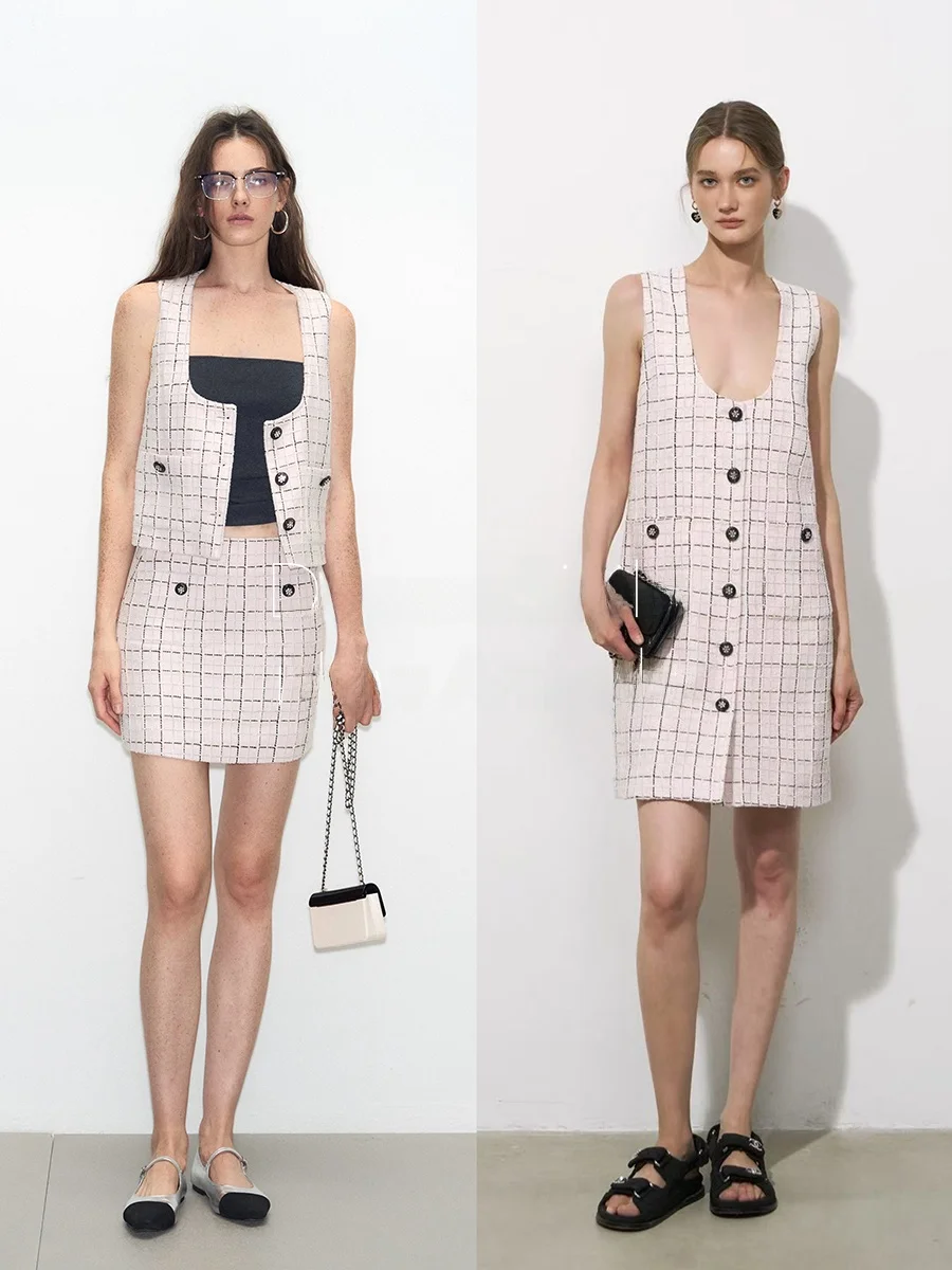

DeeSicile Pink Plaid Dr Vest Skirt Set Women's Faion Ci Commute Stand Fit A-Line Skirt Single Button Closure