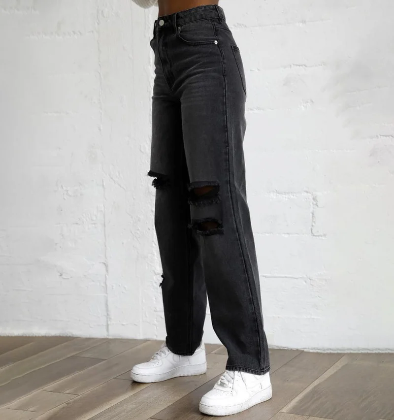 

High Waist Ripped Black Pants Women Wear Ragged Black Jeans Fashion Clothing Trendy Casual Long Denim Trousers Boyfriend 2024