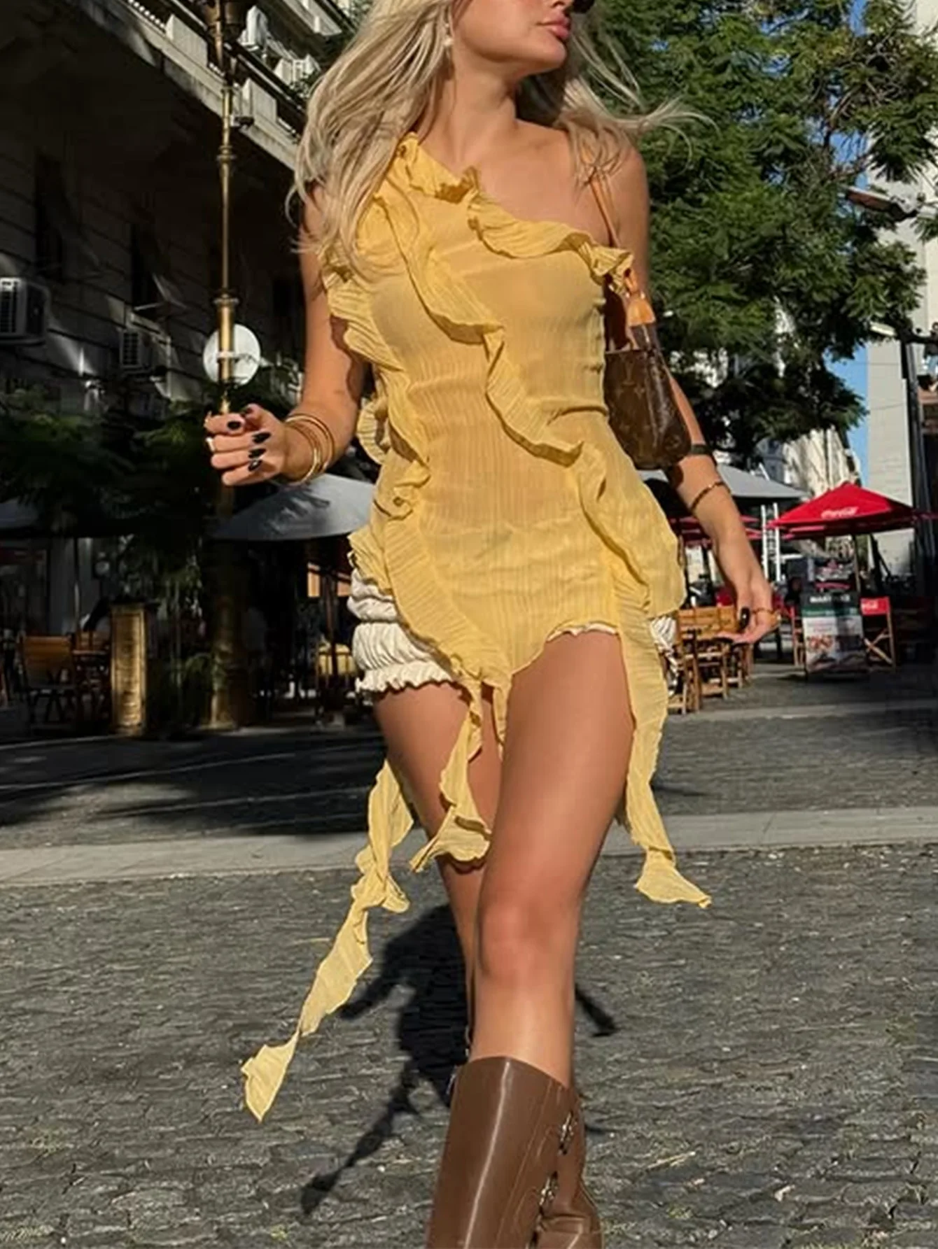 Women's Asymmetric Ruffled One-Shoulder Yellow Top for Date Night,Boho Beach Vacation Outfit,Country Concert Outfit