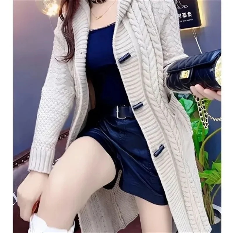 2024 New Korean Hooded Wool Knitted Cardigan Coat Women Autumn Winter Long Jacket Heavy Jacquard Outwear Sweater Tops Female