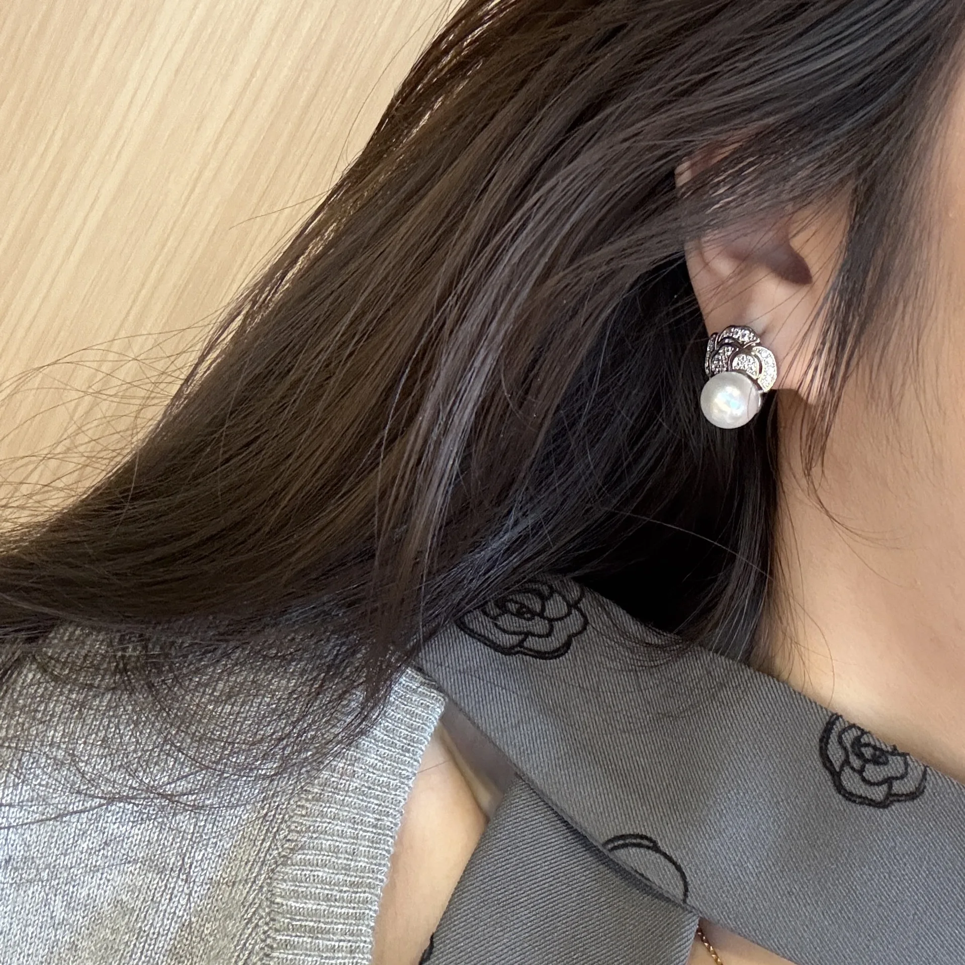 Camellia fashion micro inlaid pearl rings for women light luxury silver 925 full of diamonds flower sweet earring jewelry set