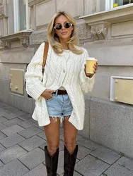 Chic Twist Up Splicing Knitted Cardigan Women Fashion Single Breasted Long Sleeved Short Loose Sweater Fall Lady Street Knitwear