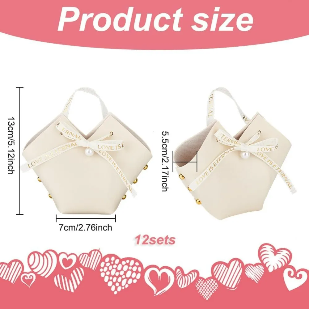 12 Pack Leather Bowknot Gift Boxes with Ribbon 2.7x2.1x5.1 inch Beige Heart Shape PU Leather Mini Handbag Candy Gift Box