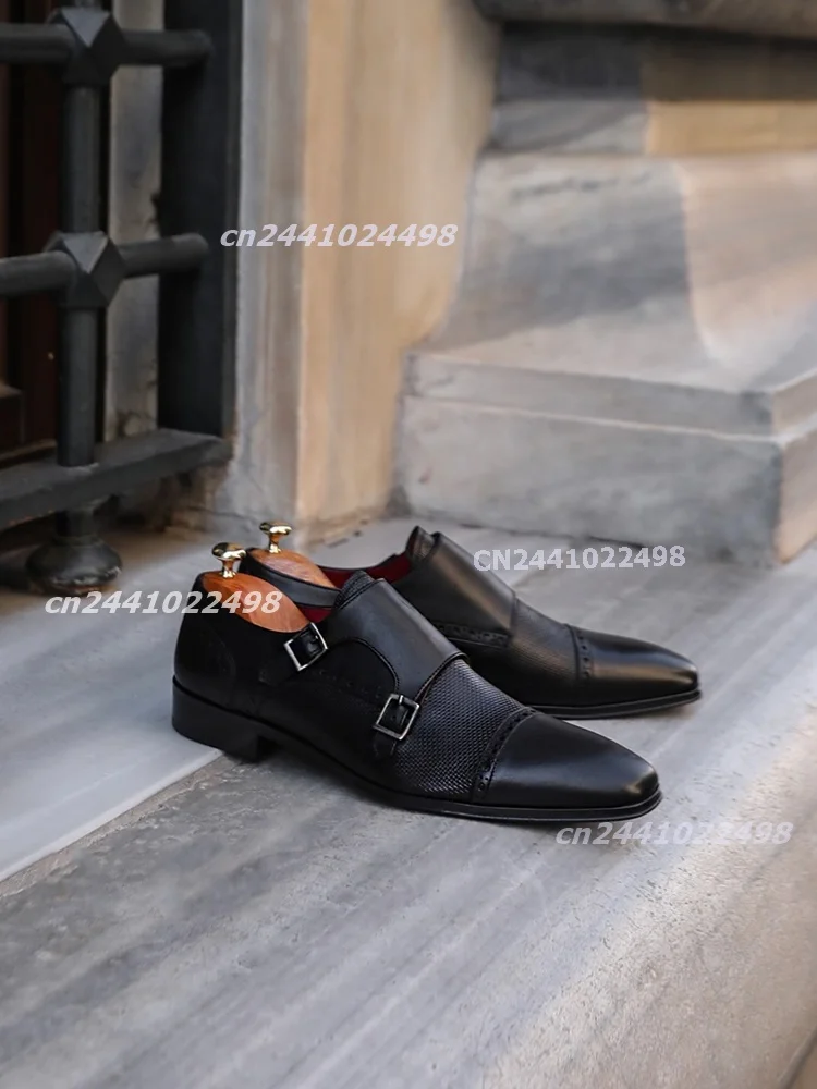 Men's Black Double Buckle Straps Loafers Perforated Texture Metal Buckle Slip On Low Heel Matte Leather Formal Business Shoes