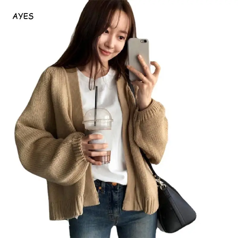 Korean Navy Blue Knit  Women Sweater Short Cardigans Autumn Winter New Casual Knitwears Cardigan Long Sleeve Loose Soft Sweater