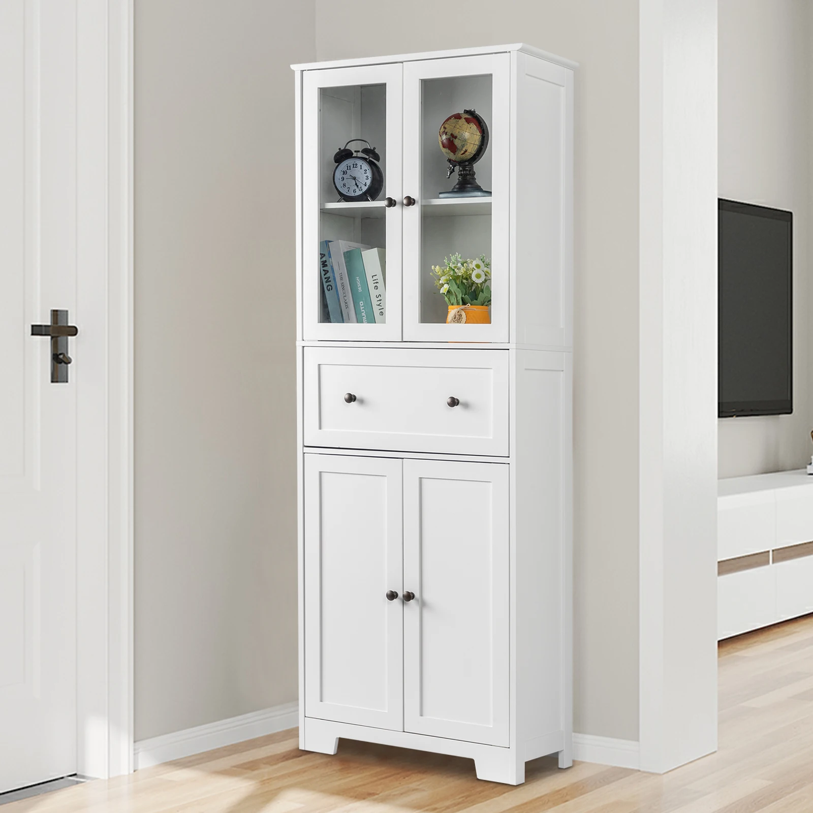 Spray Paint 4 Doors 1 Pump Bathroom Cabinet White Multi-scenario Application Large Storage Space Easy To Install