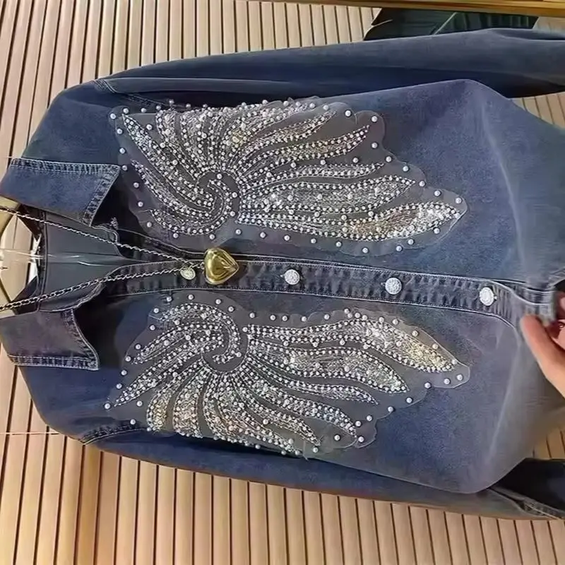 

2026 Spring Autumn New Nail Bead Women Denim Jacket Casual Jean Women Coat Long Sleeve Waist Cowboy Outwear Female Tops