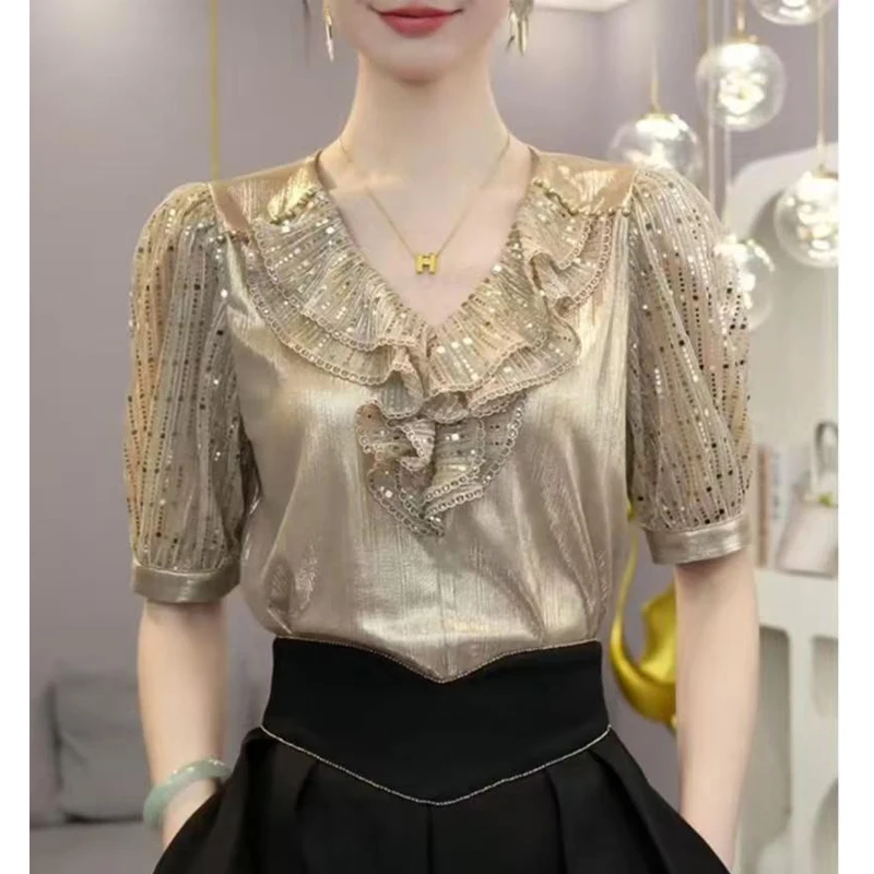 

2026 Summer New Luxury Satin Shirt Patchwork Short Sleeved Sequin Ruffles Tops Vintage Women Blouse