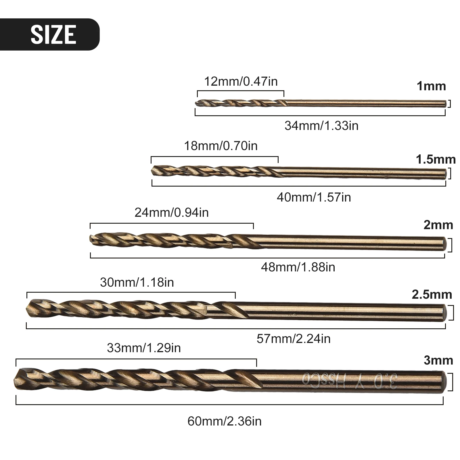 5pcs HSS-M35 Cobalt Drill Bit Set 1mm 1.5mm 2mm 2.5mm 3mm Hole Cutter For Metal Stainless-Steel Drilling Woodworking Tools