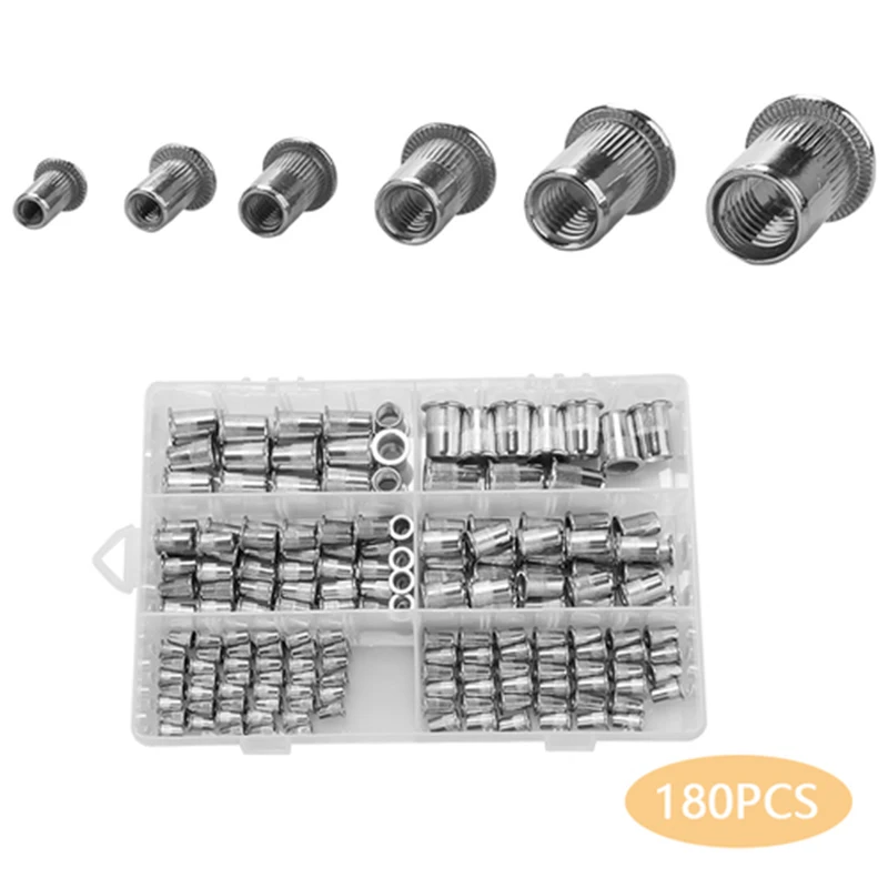 

180pcs/box M3 M4 M5 M6 M8 M10 Stainless Steel Flat Head Rivet Nut Insert Rivnut Nutsert Cap Set Assortment Kit