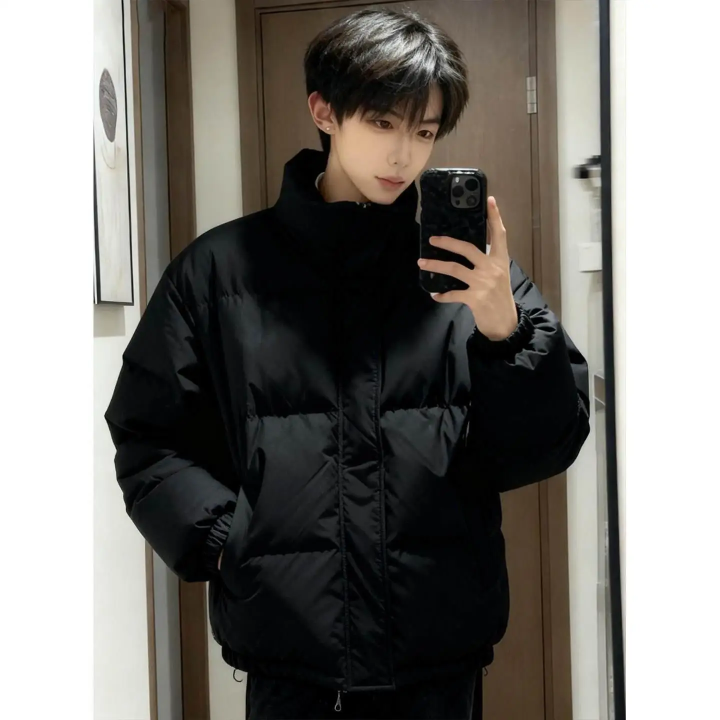 

Black Plain Lake Men's down Jacket Thick Warm Stand Collar Bread Style American Style Cotton Outerwear Winter Coat