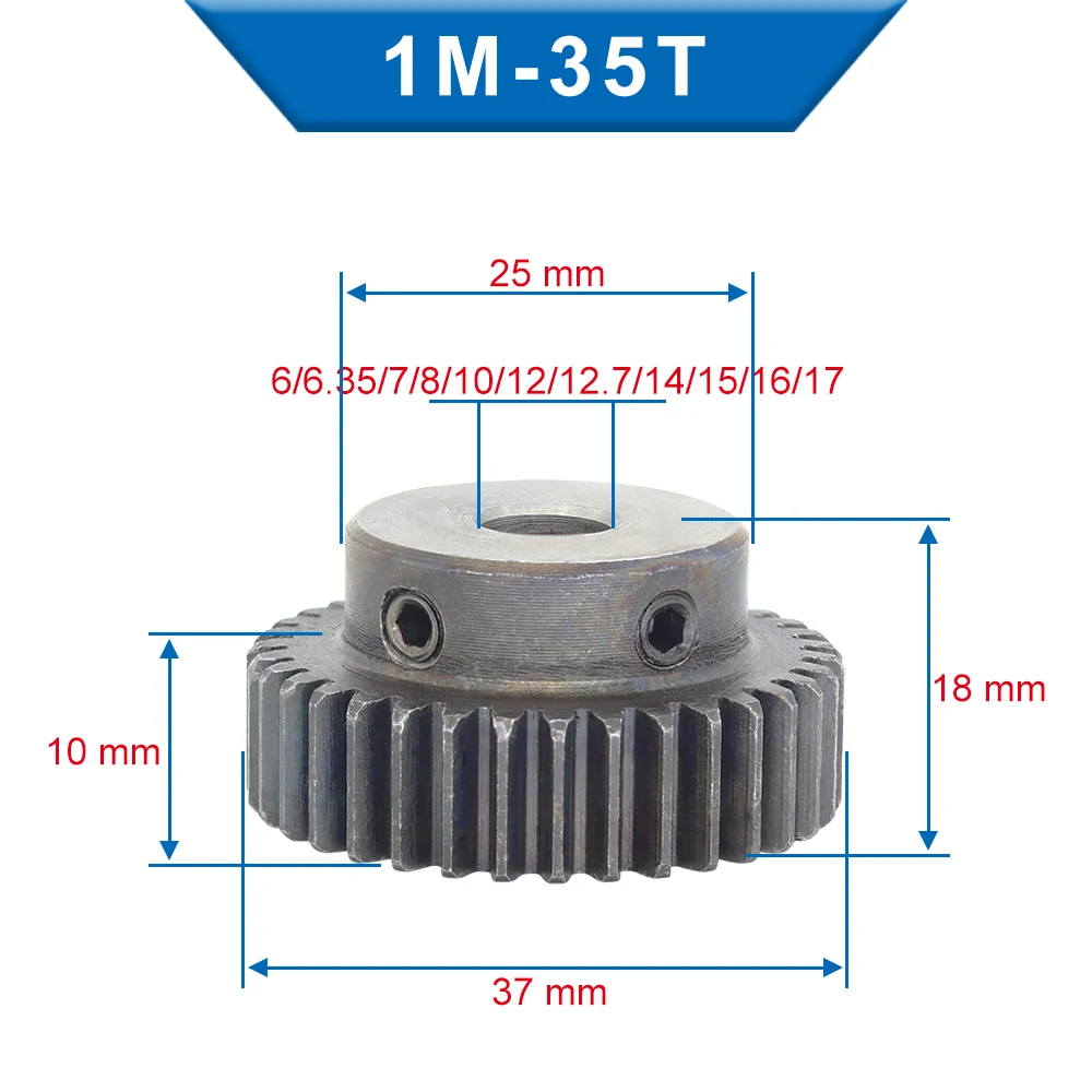 1 Piece 1M35T Spur Gear Bore 6/6.35/7/8/10 /12/12.7/14/15/16/17mm Motor Gear Low Carbon Steel Material Stable Gear for motor