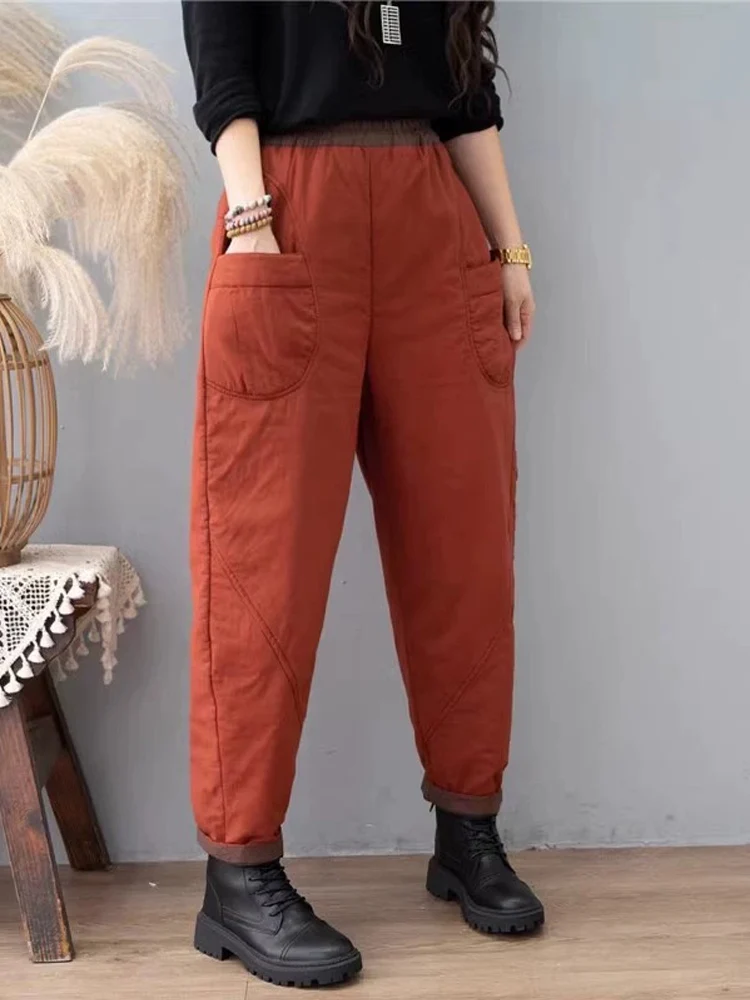 Vintage Patchwork Cotton-Padded Women Harem Pants 2024 New Winter Thick Warm Quilted Office Lady Trousers Windproof Outerwear