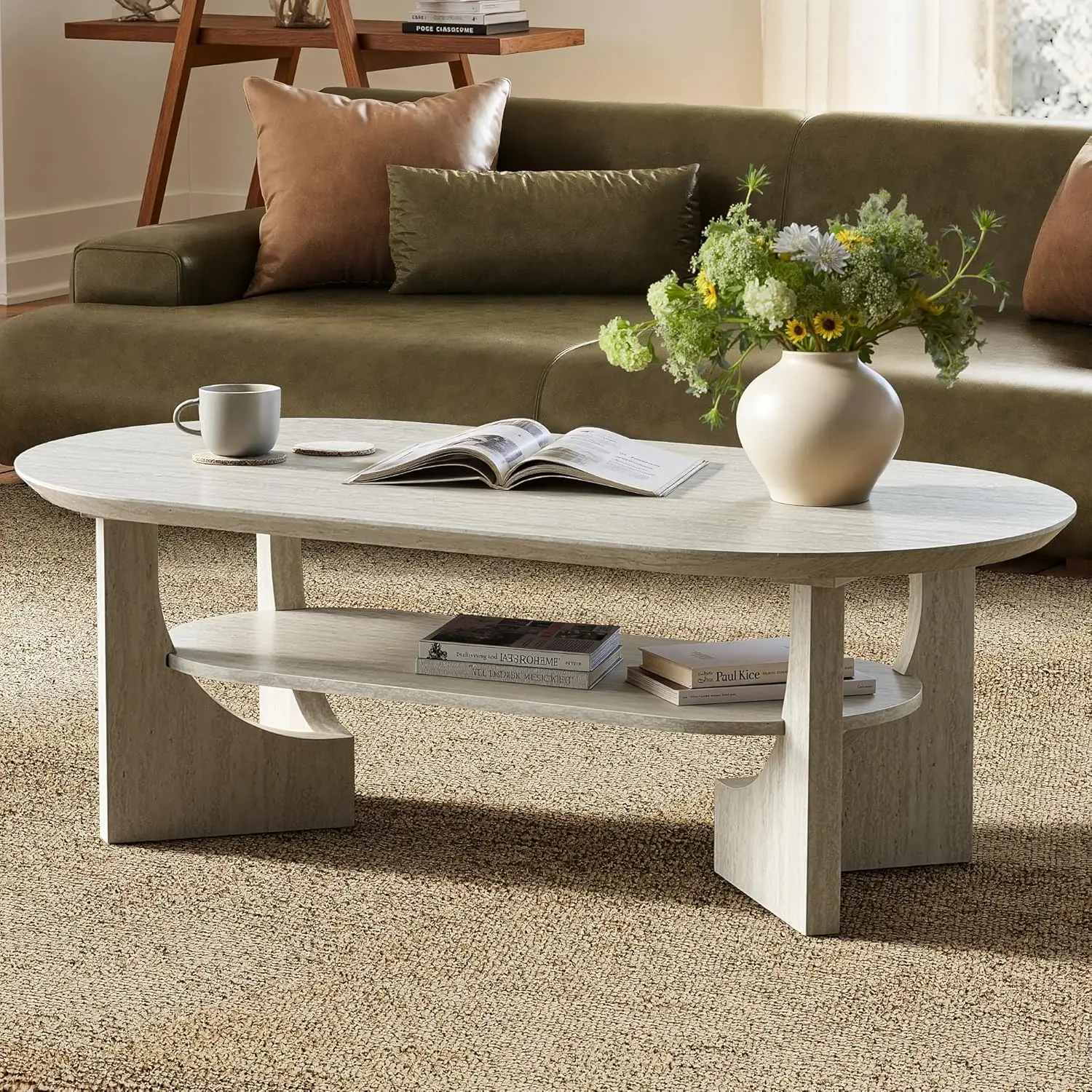 

Modern Oval Coffee Table, 2 Tier Faux Stone Coffee Table with Storage Shelf & Sturdy Base, 47 Inch Minimalist Wood Center Tea Ta