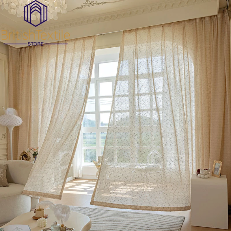 French Style Curtains for Living Dining Room Bedroom Small Fragrant Wind Milk Tea Color Thickened Translucent Gauze Curtains