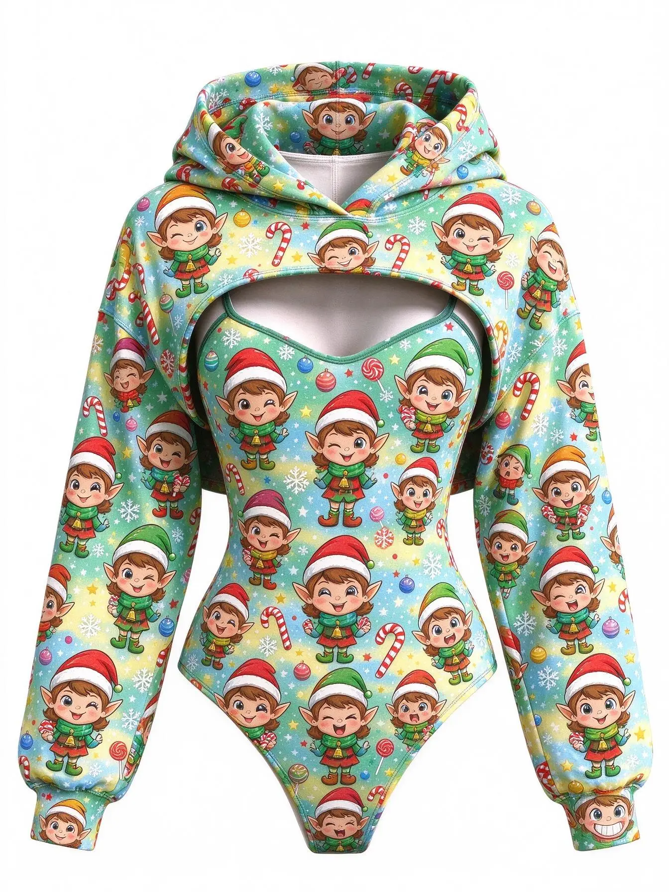 Women Christmas Monster Candy Cane Print 2 Piece Outfit Hooded Shrug Bodysuit Long Sleeve