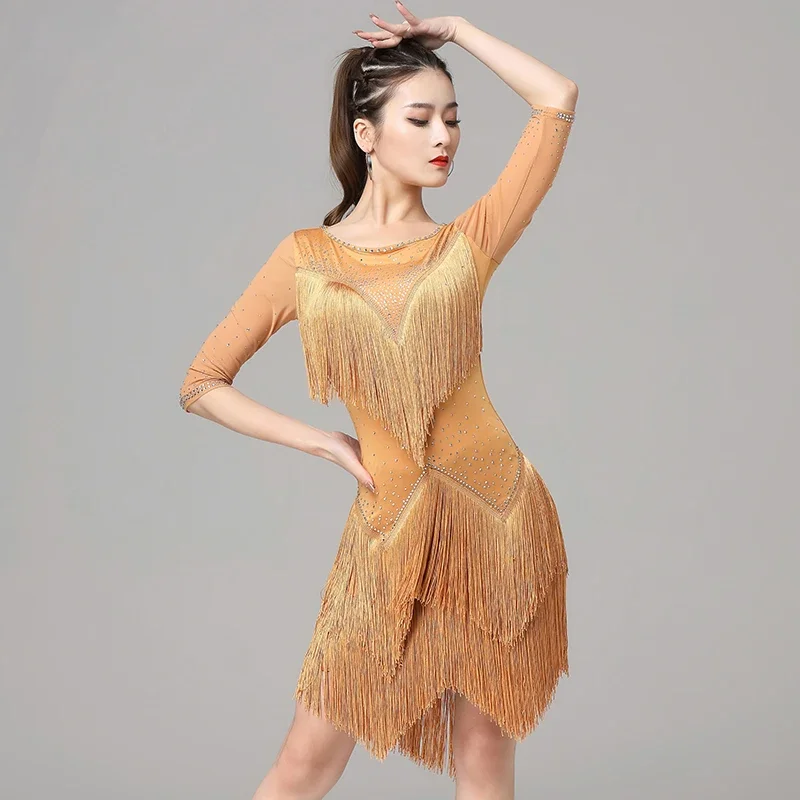 

Competition Ballroom Dress Samba Costume Party Dresses Stretchy One-piece Fringes Latin Dress Sheer Mesh Women Dance Clothes