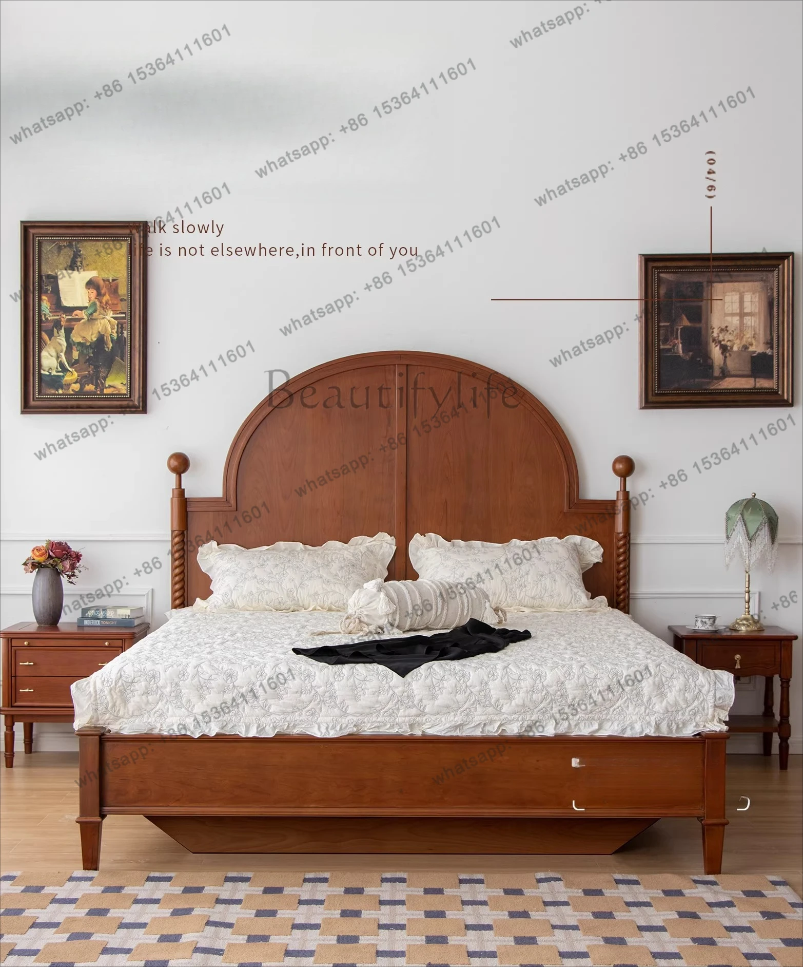 

yj9 French retro solid wood double bed cherry wood high backrest box storage bed