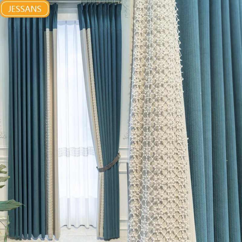 

Customized Blue Beige Jacquard Chenille Lace Patched Curtains for Living Room Bedroom French Window Balcony Villa Finished